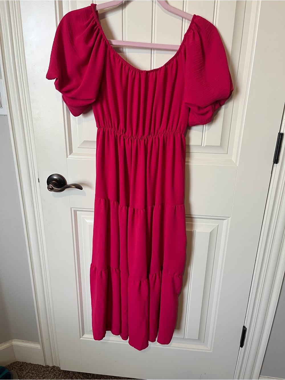 See You Monday Hot Pink Tiered Midi Dress with Puff Sleeves